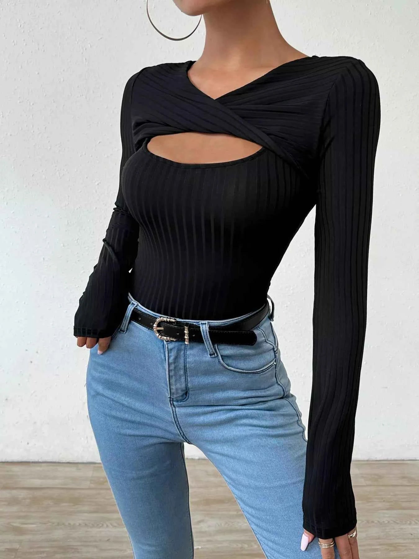 Twist Front Cutout Ribbed Long Sleeve T-Shirt