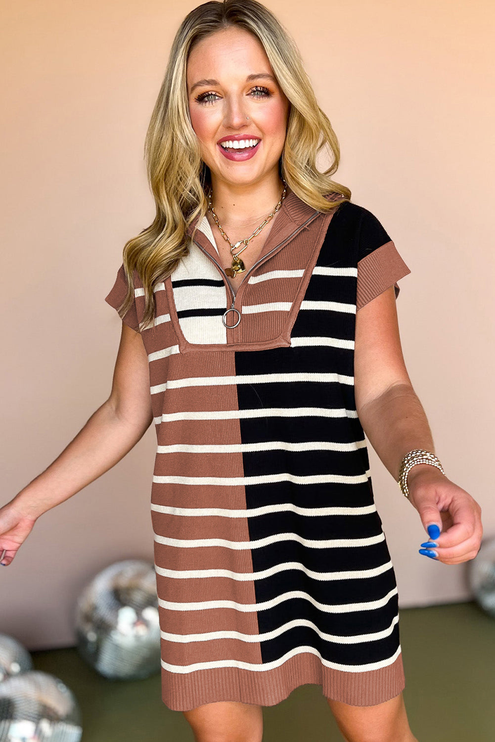 Black Stripe Color Block Quarter Zip Collar Short Sleeve Sweater Dress Dear-Lover Dropshipping
