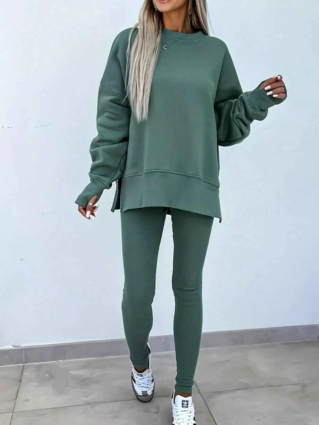 Solid Color Oversize Slit Sweatshirt and Ribbed Leggings 2pcs Set