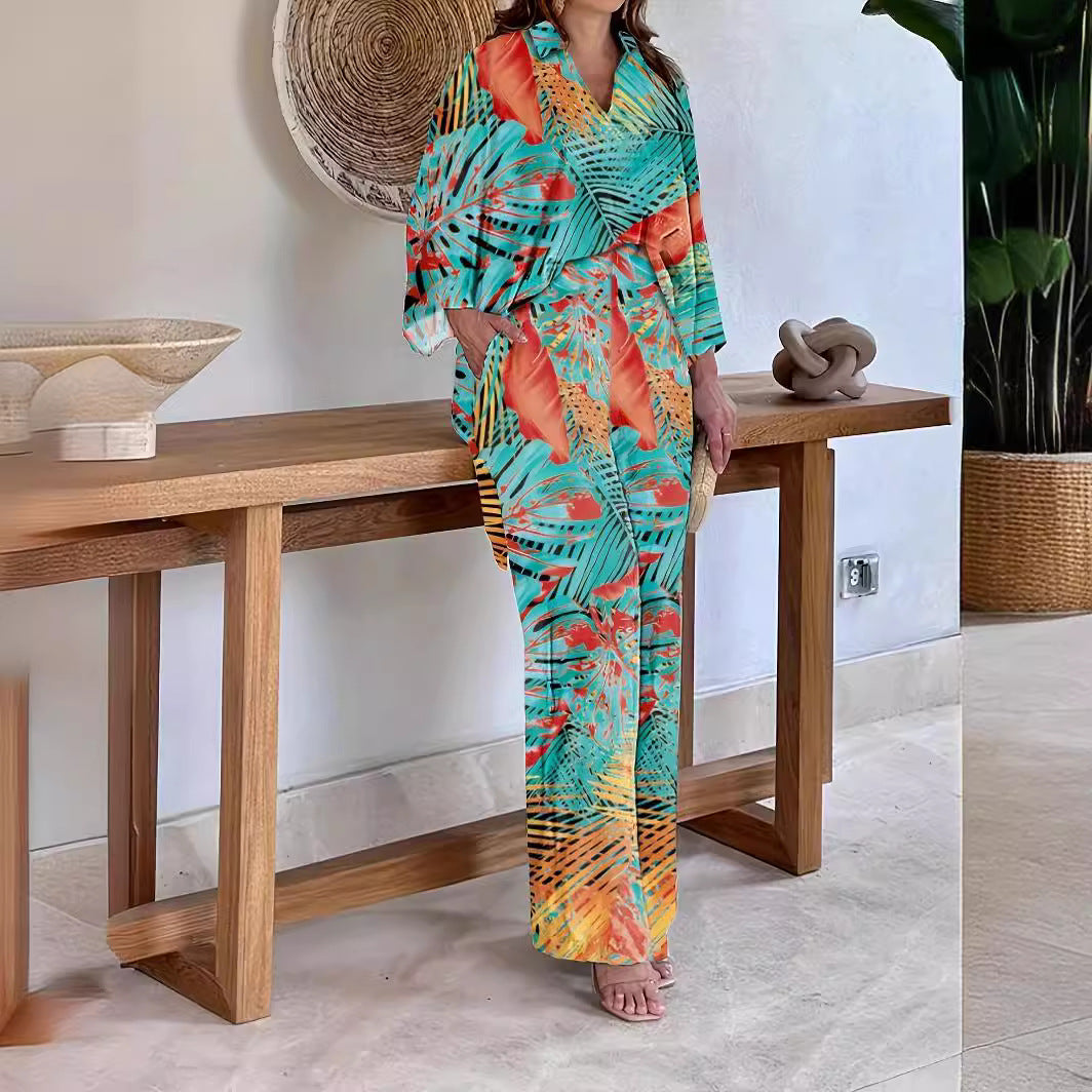 Elegant Women's Two-Piece Set with Batwing Sleeves and Print