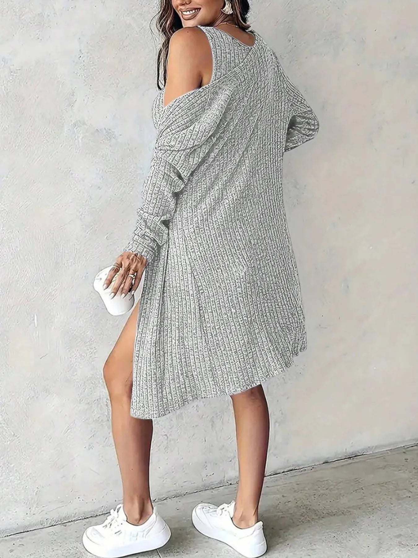 Ribbed Button Front Dress and Cardigan Sweater Set.