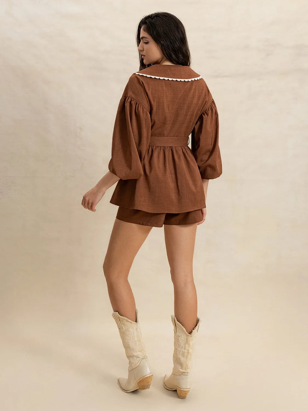 Peter Pan Collar Balloon Sleeve Top and Shorts Set.