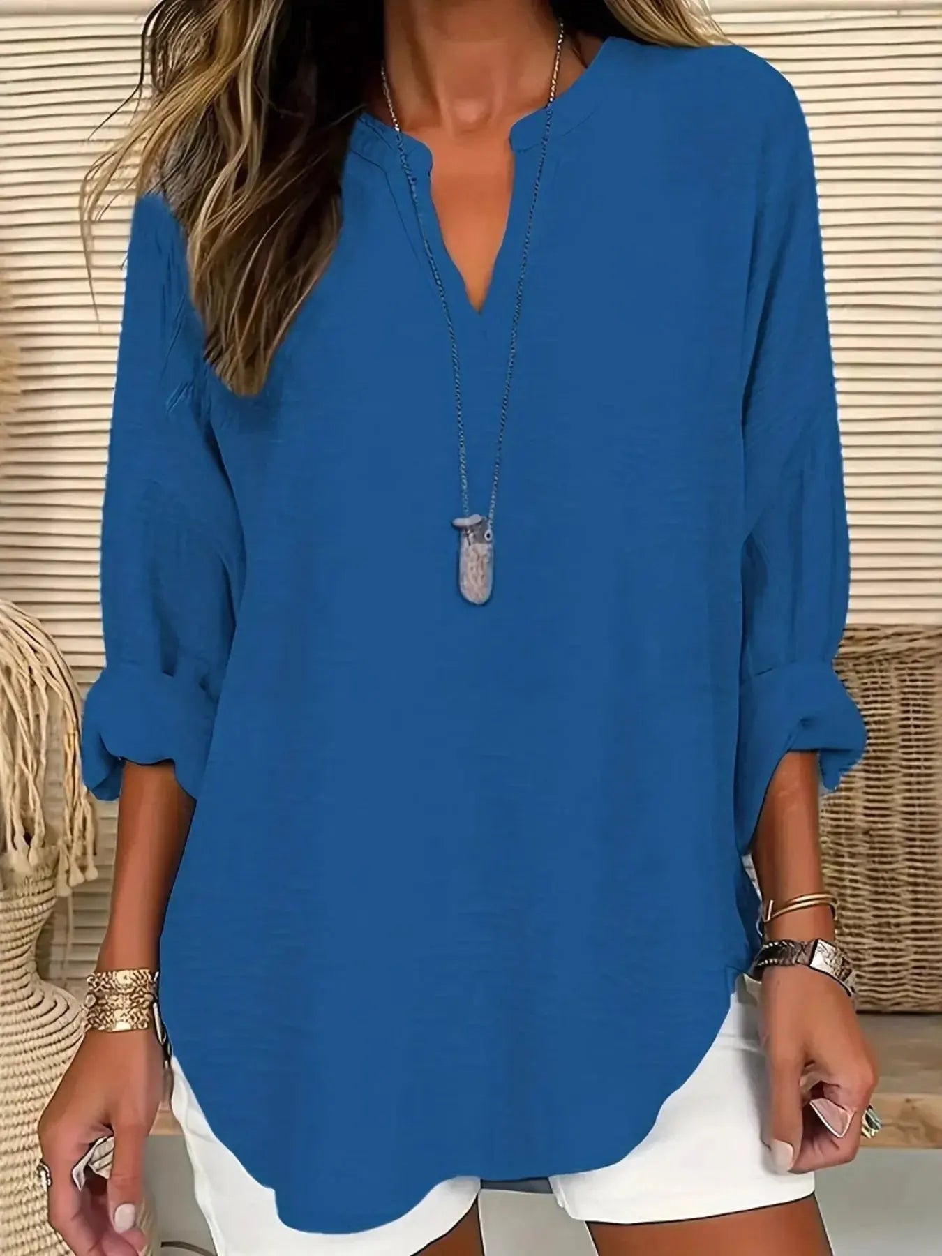 Notched Long Sleeve Casual Blouse.
