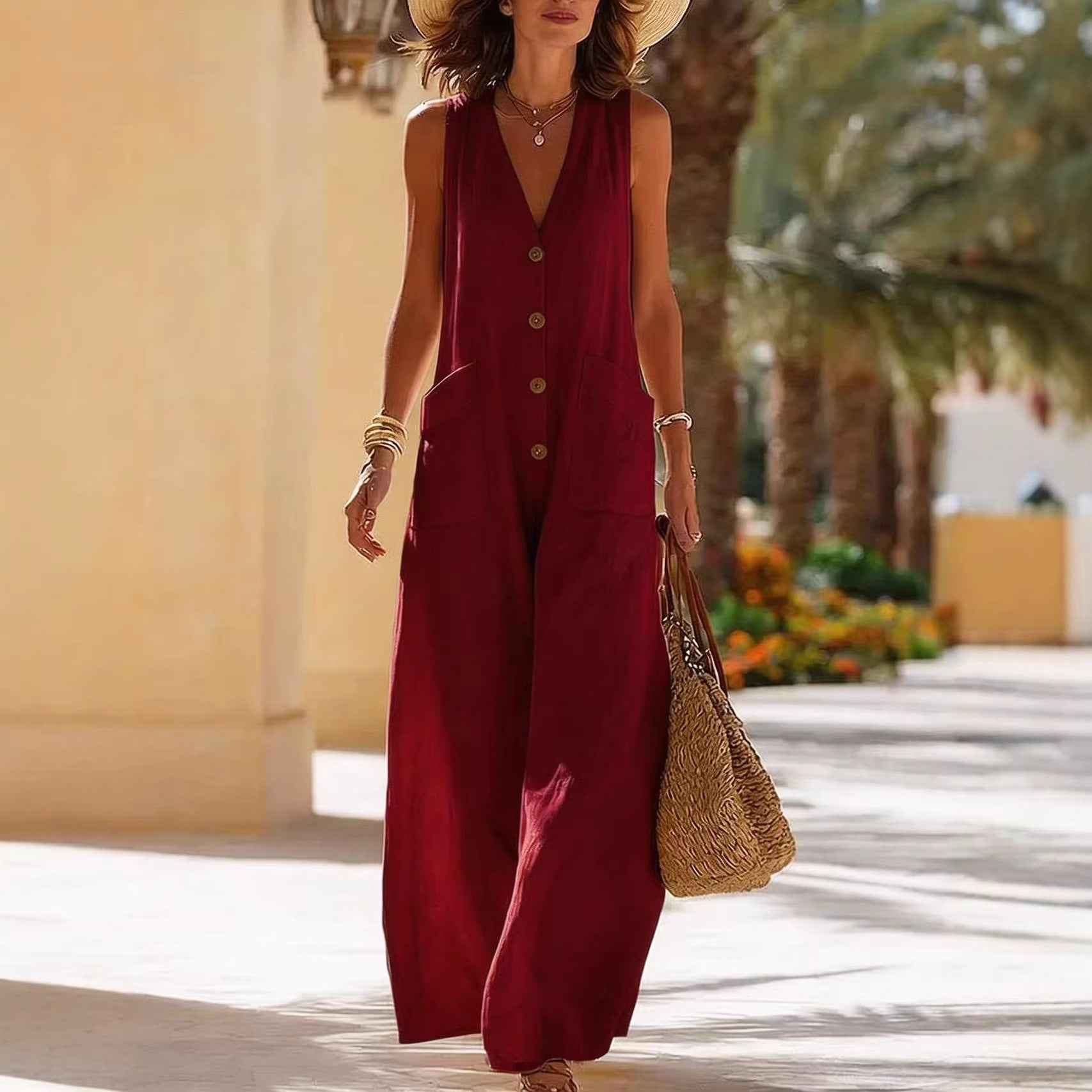 Simple And Comfortable Cotton-Linen Sleeveless Wide-Leg Jumpsuit With Button Pockets