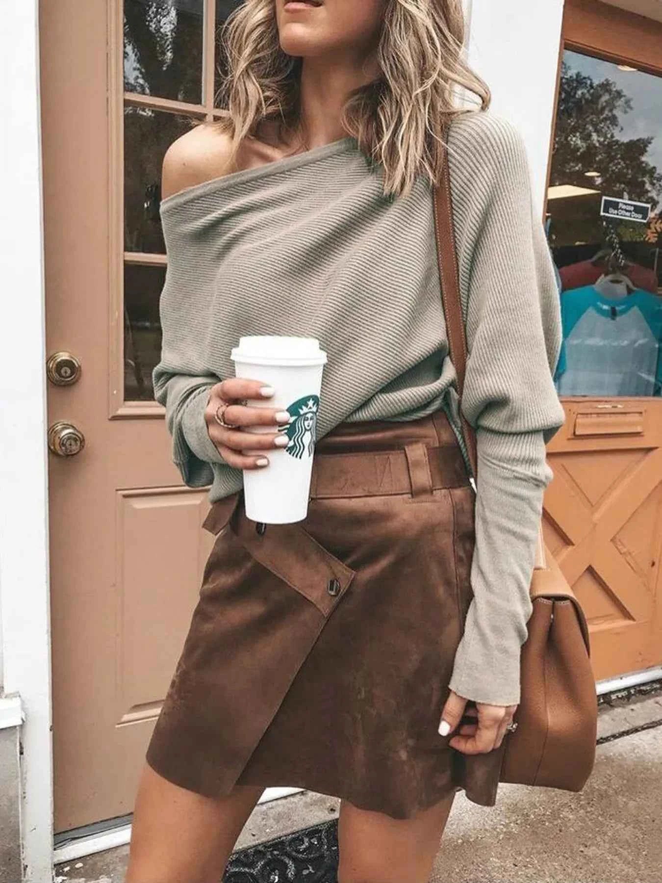 Full Size One-Shoulder Ribbed Sweater Plus Size.