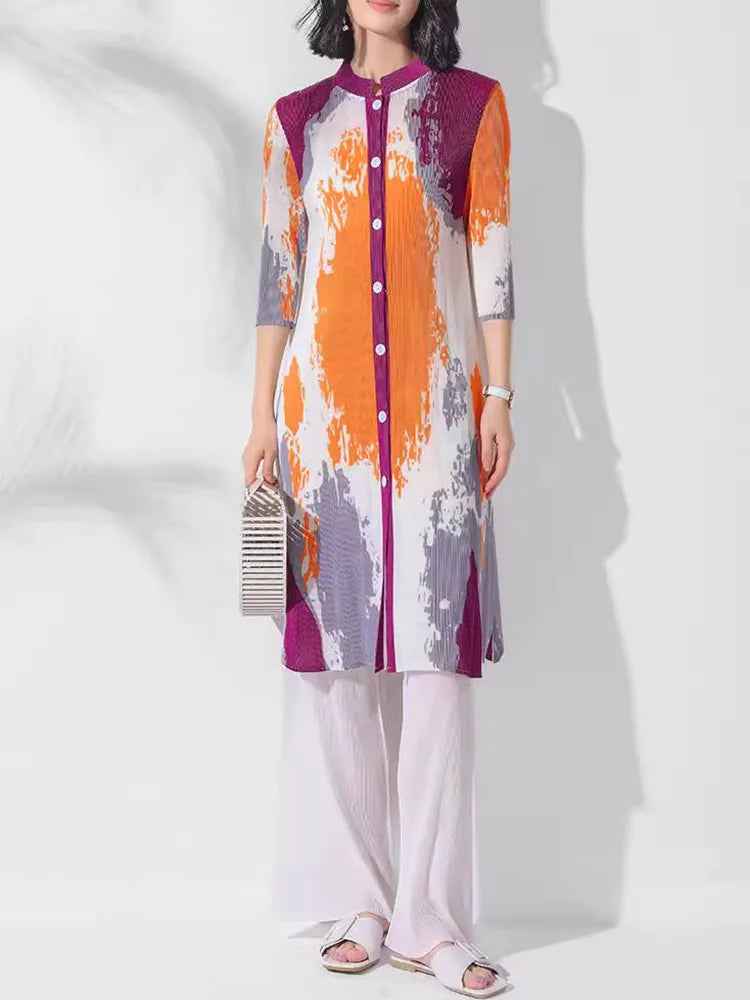 Folded print long jacket pants two-piece set stand collar button top wide leg pants two-piece set