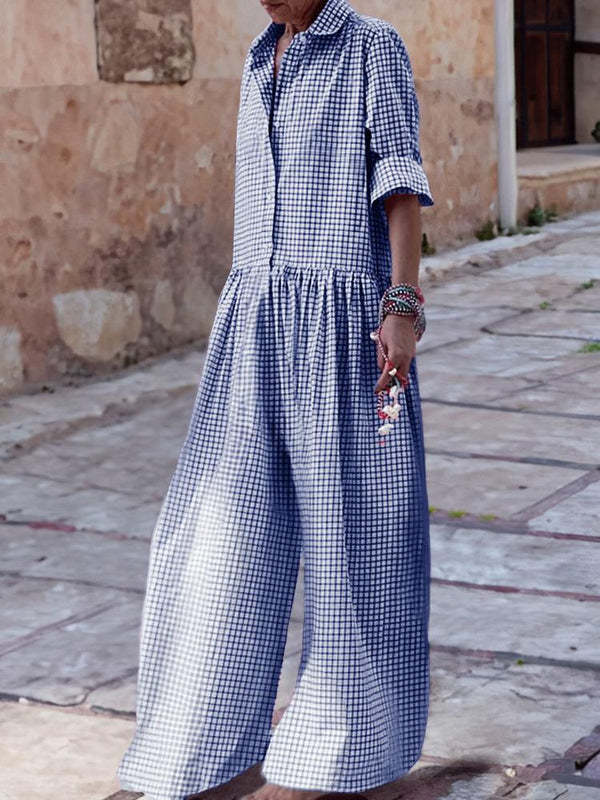 Plaid Collar Long Sleeve Jumpsuit