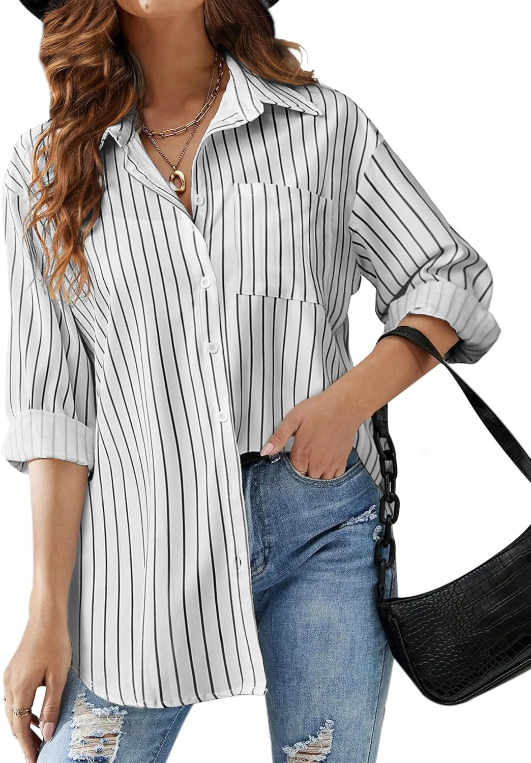 HOTOUCH Women Button down Striped Shirts Drop Shoulder Blouse Long Sleeve Oversized Shirt with Pocket