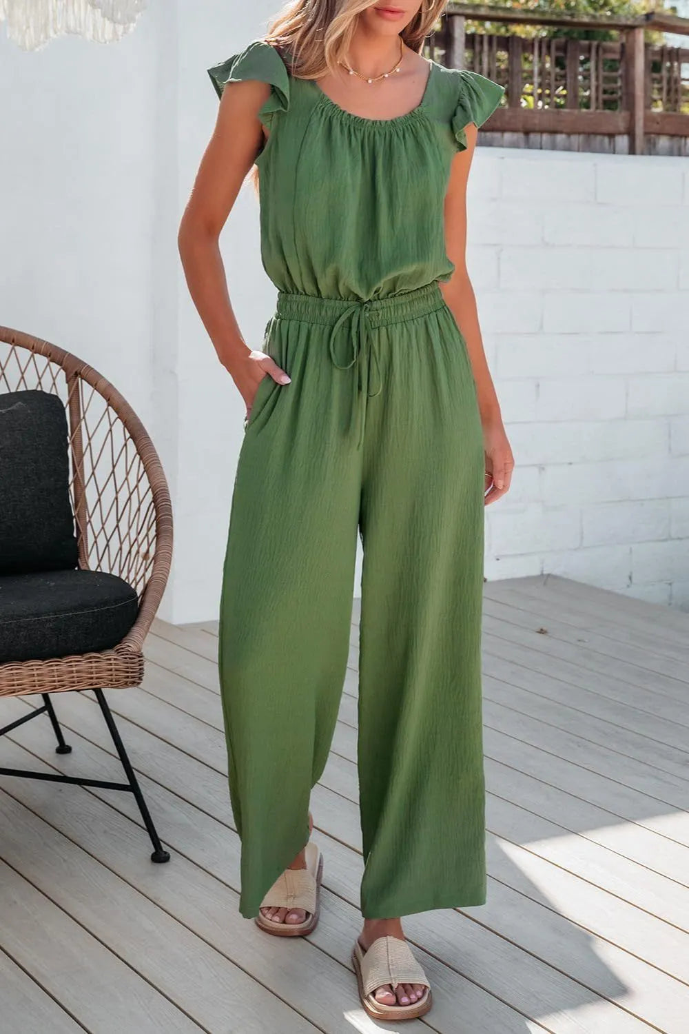 Ruffled Sleeve Wide Leg Jumpsuit.