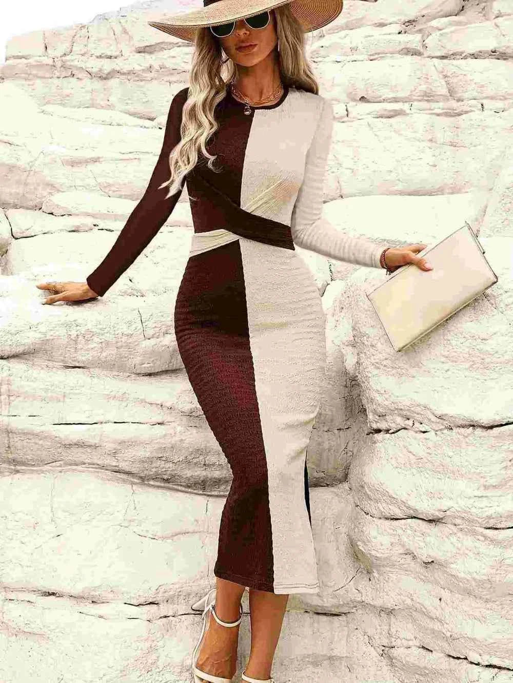 Two Tone Slit Round Neck Long Sleeve Midi Dress