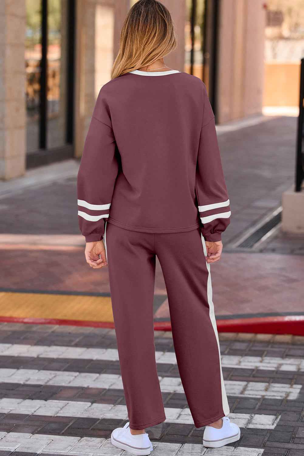 Mineral Red Varsity Stripe Patchwork Puff Sleeve Pullover Drawstring Wide Leg Pant Set