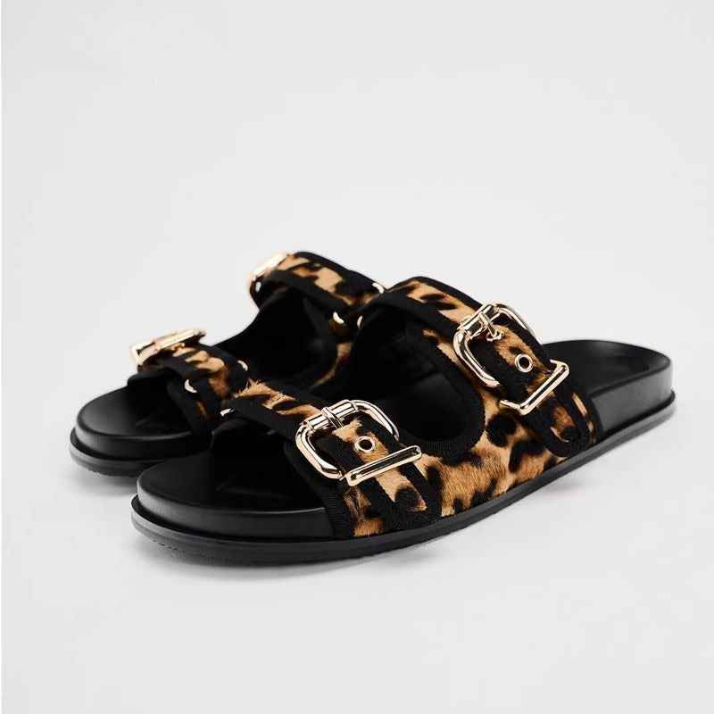 Printed round toe flat bottom buckle thick sole casual sandals and slippers for women