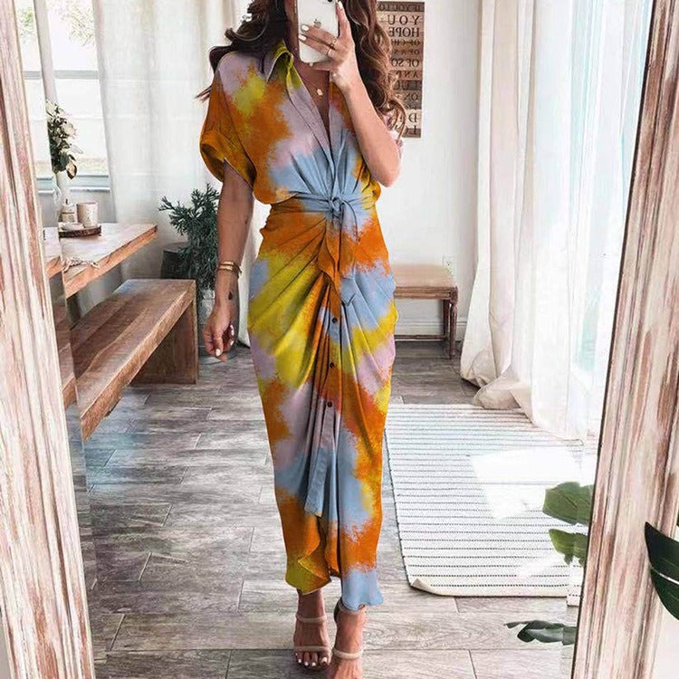 Autumn new short sleeved temperament commuting high waisted printed long dress