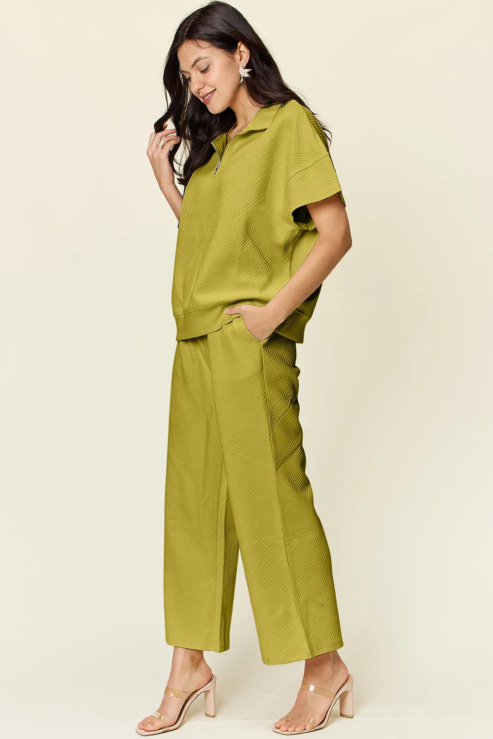 Double Take Full Size Texture Half Zip Short Sleeve Top and Pants Set - CHIC TB