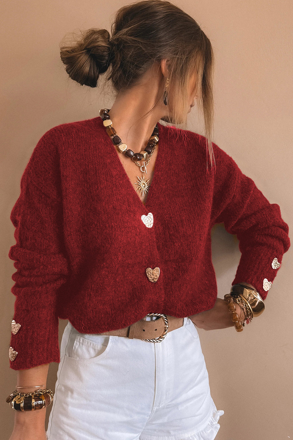 Fiery Red Heart Metal Button V Neck Cardigan Sweater