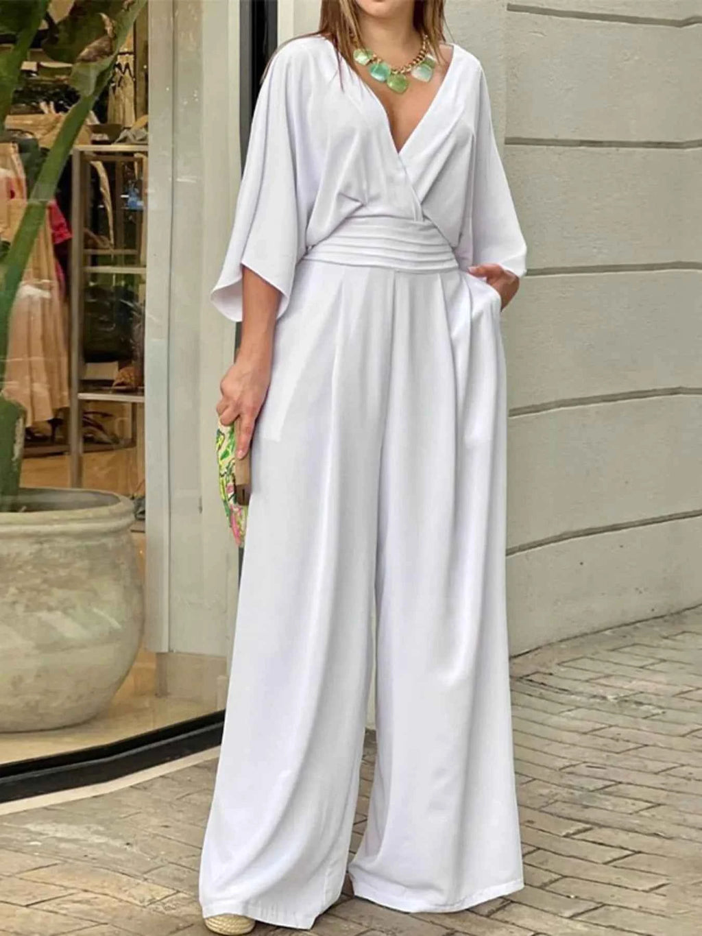 Full Size Wide-Leg Wrap Jumpsuit with Kimono Sleeves Plus Size