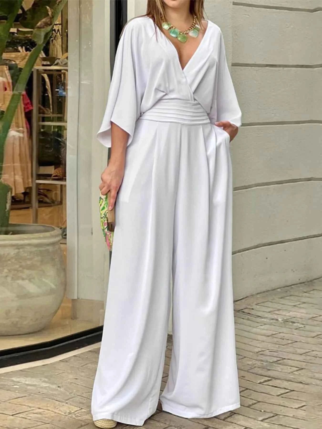 Full Size Wide-Leg Wrap Jumpsuit with Kimono Sleeves Plus Size