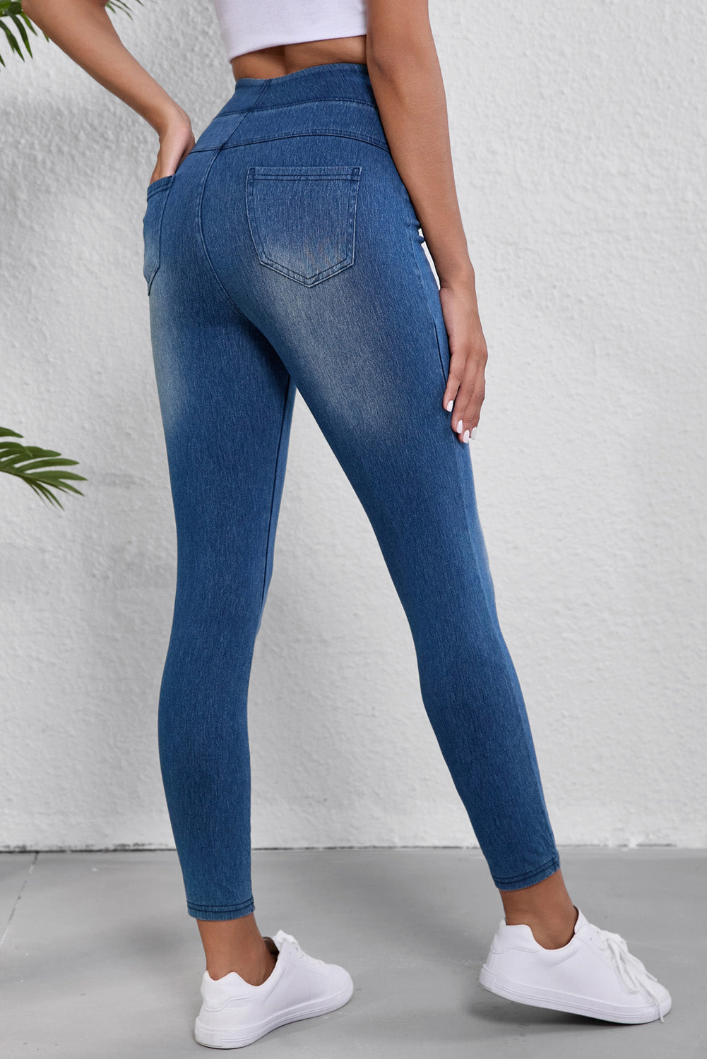 Navy Blue Skinny Elastic Waist Ankle Length Mid Waist Jeggings with Pockets Dear-Lover Dropshipping