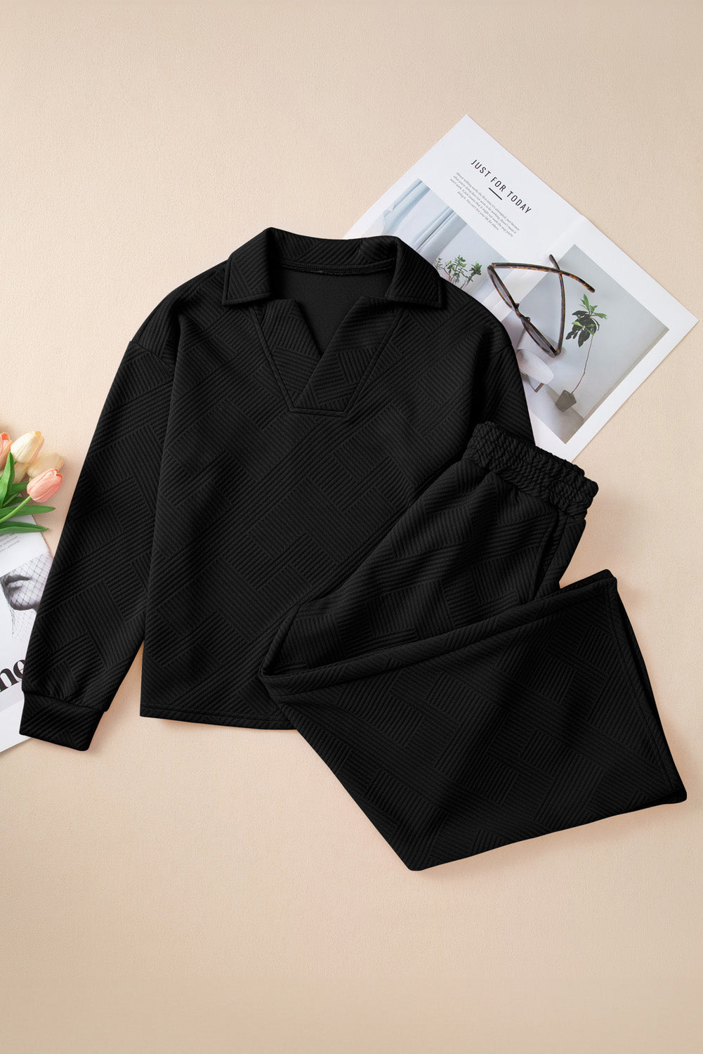 Black Solid Textured Collared V Neck Top and Wide Leg Pants Set Dear-Lover Dropshipping