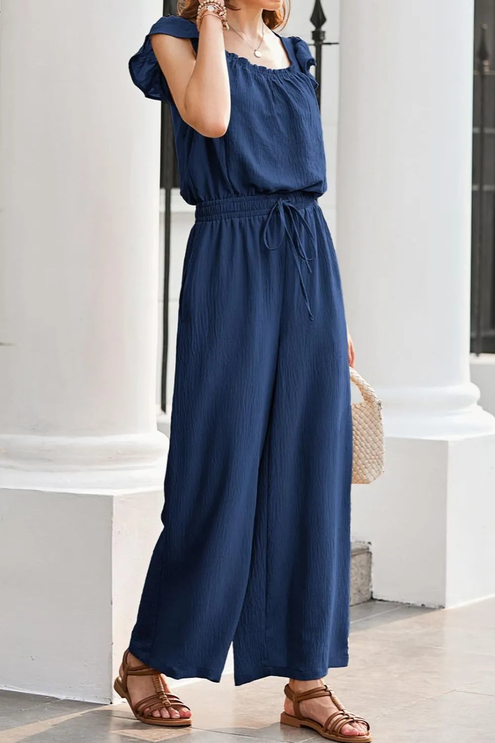 Ruffled Sleeve Wide Leg Jumpsuit.