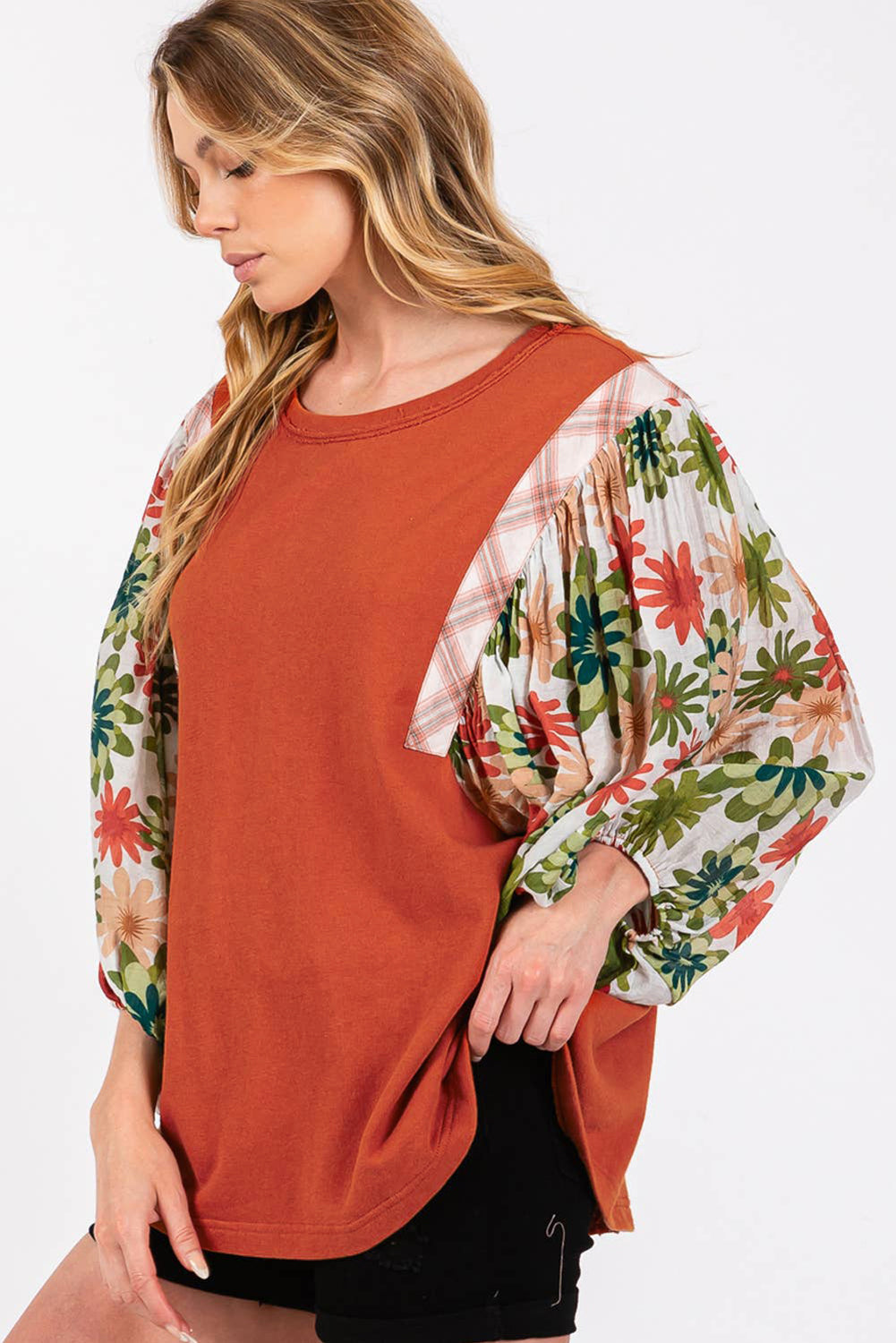 Desert Gold Floral Puff Sleeve Patchwork Round Neck Blouse Dear-Lover Dropshipping
