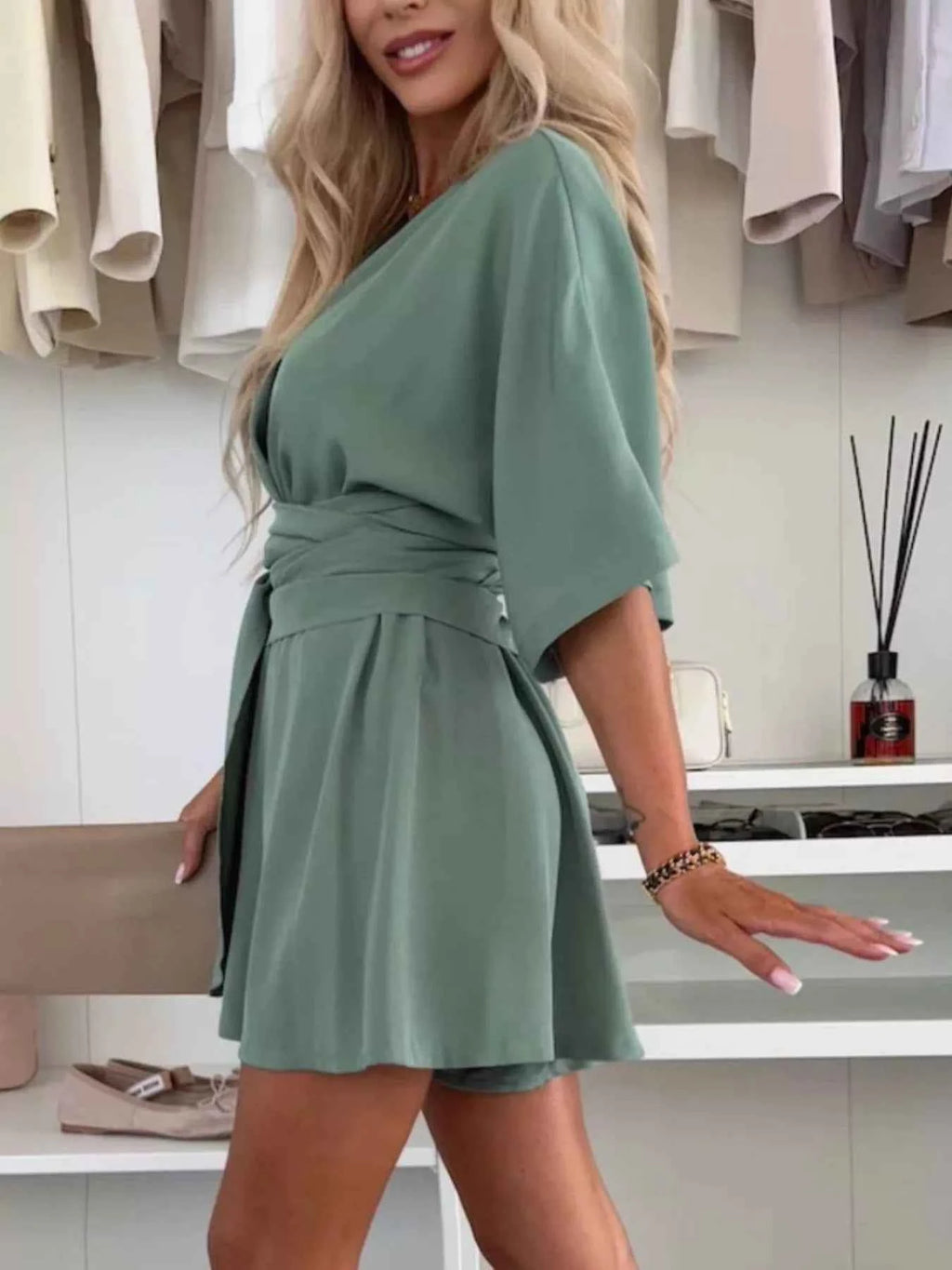 Full Size Surplice Tie Waist Romper Plus Size.