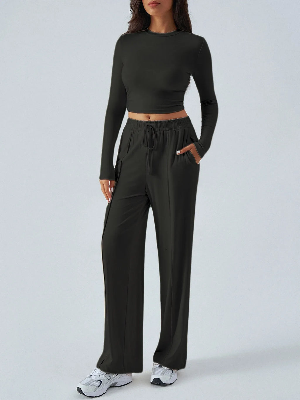 Round Neck Long Sleeve Top and Pants Set.