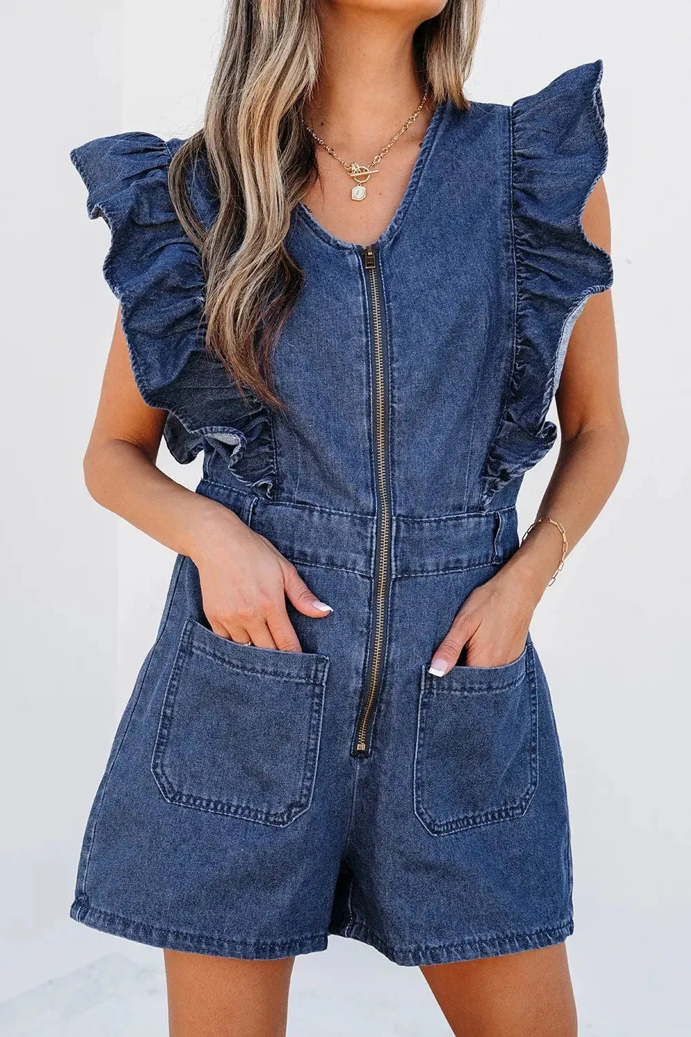 Denim Ruffled Zipped Front Belted Romper.