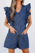 Denim Ruffled Zipped Front Belted Romper.