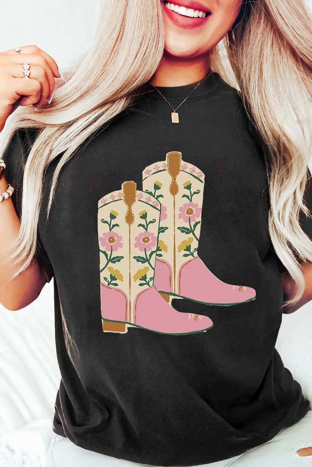 Floral Cowgirl Boots Graphic T-Shirt.