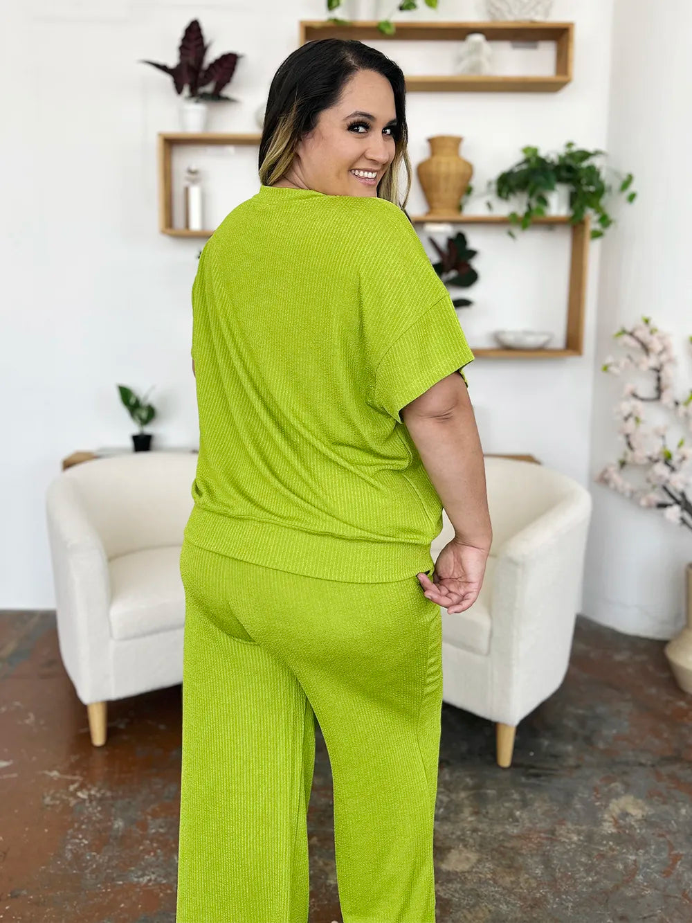 Double Take Full Size Texture Round Neck Short Sleeve T-Shirt and Wide Leg Pants - CHIC TB