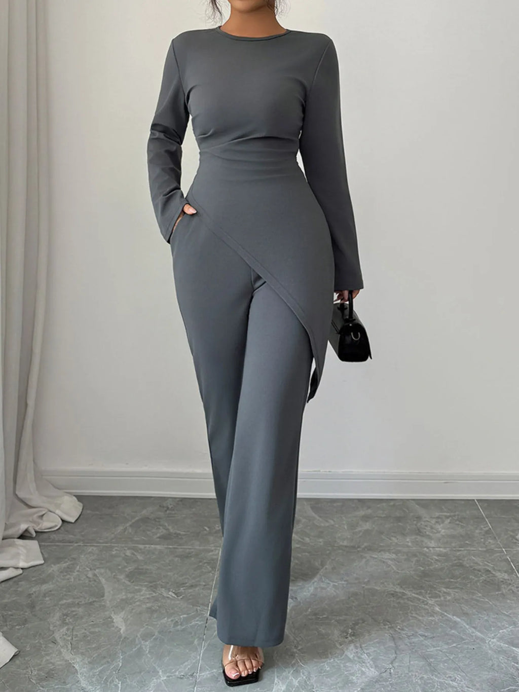Asymmetric Long Sleeve Top and Pants Set.