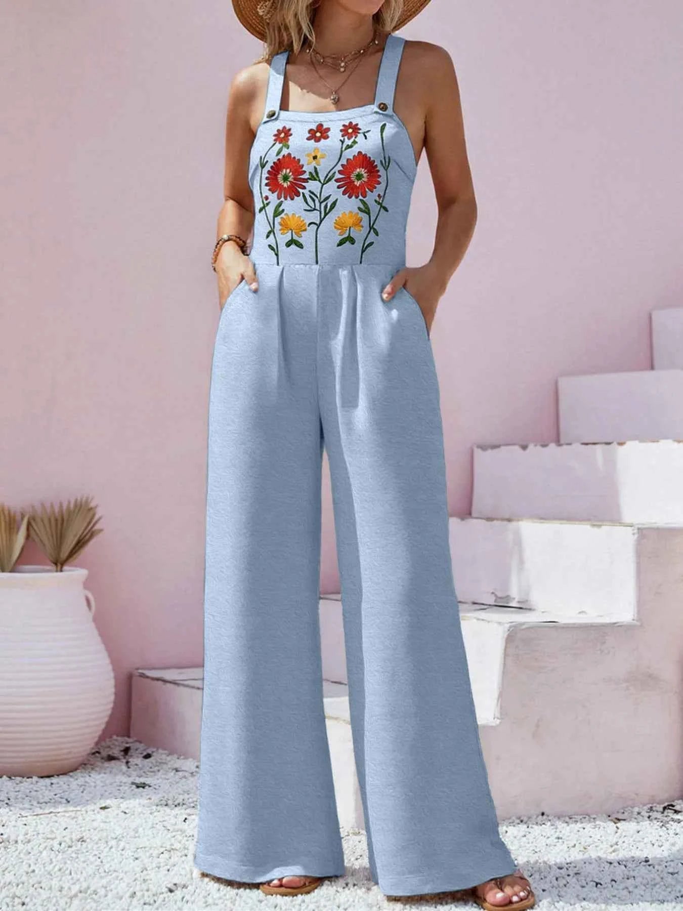 Floral Embroidered Wide Leg Jumpsuit