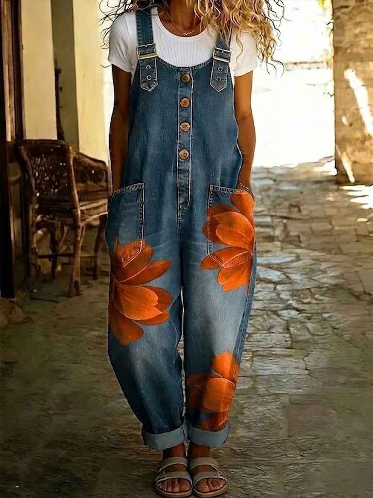 Womens Denim-Style Jumpsuit With Floral Print