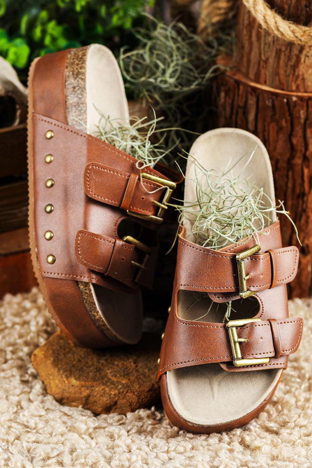Chestnut Dual Buckle Studded Platform Sandal Slippers Dear-Lover Dropshipping