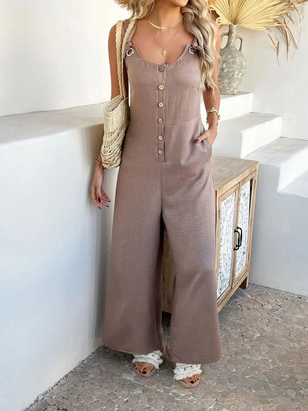 Devine Button Front Knotted Strap Wide Leg Jumpsuit.
