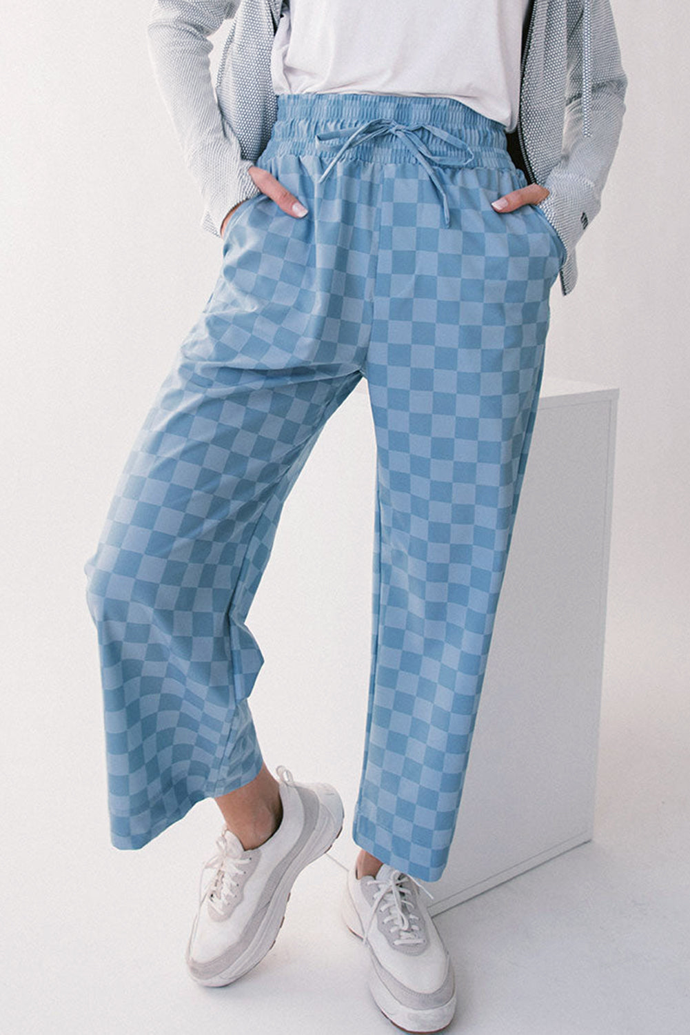Sky Blue Checkered Elastic High Waist Loose Casual Pants Dear-Lover Dropshipping