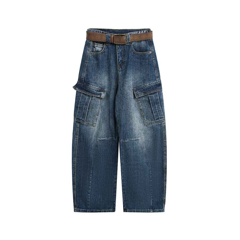 Multi-Pocket Loose Straight Leg Wide Leg Washed Cargo Denim Pants