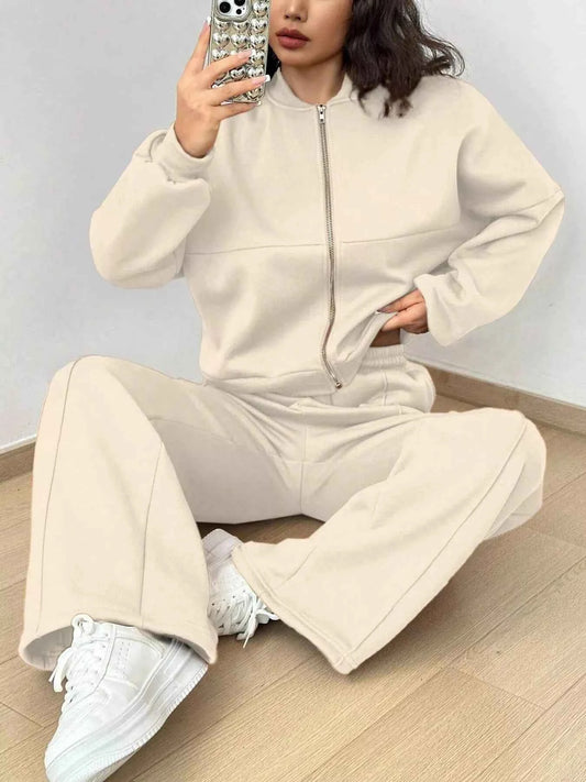 Casual Solid Color Zipper Jacket and Wide Leg Pants Set