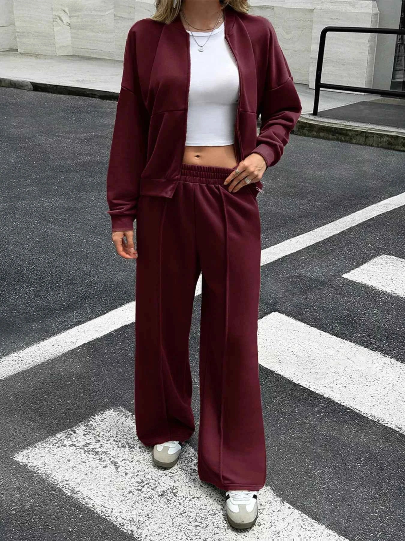 Zip Up Drop Shoulder Top and Pants Set