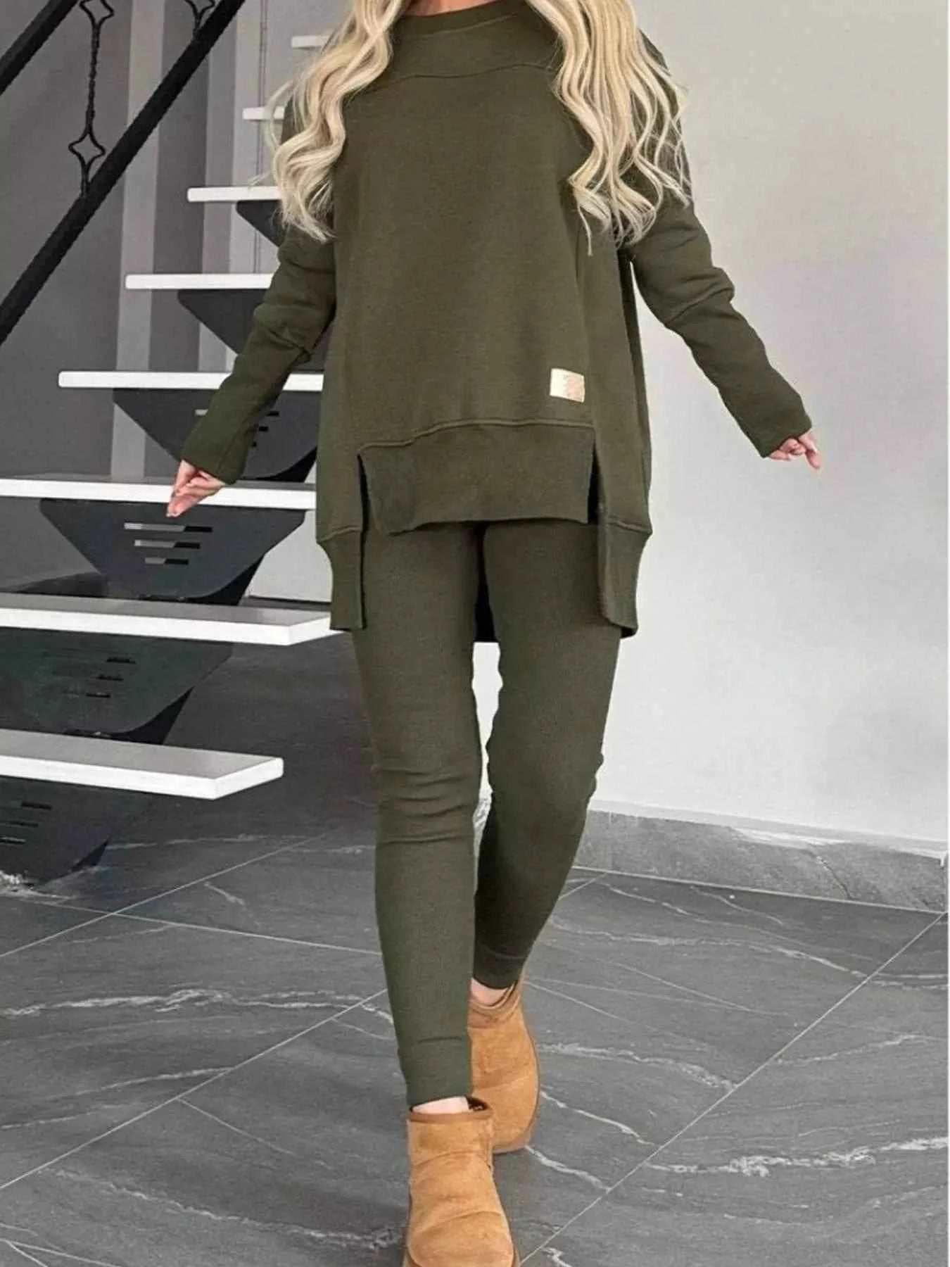 Full Size Slit Round Neck Top and Pants Set Plus Size