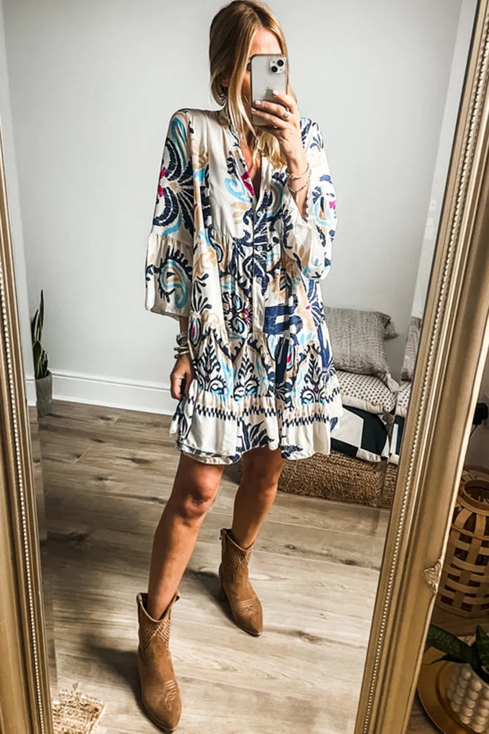 Printed Notched Three-Quarter Sleeve Mini Dress.