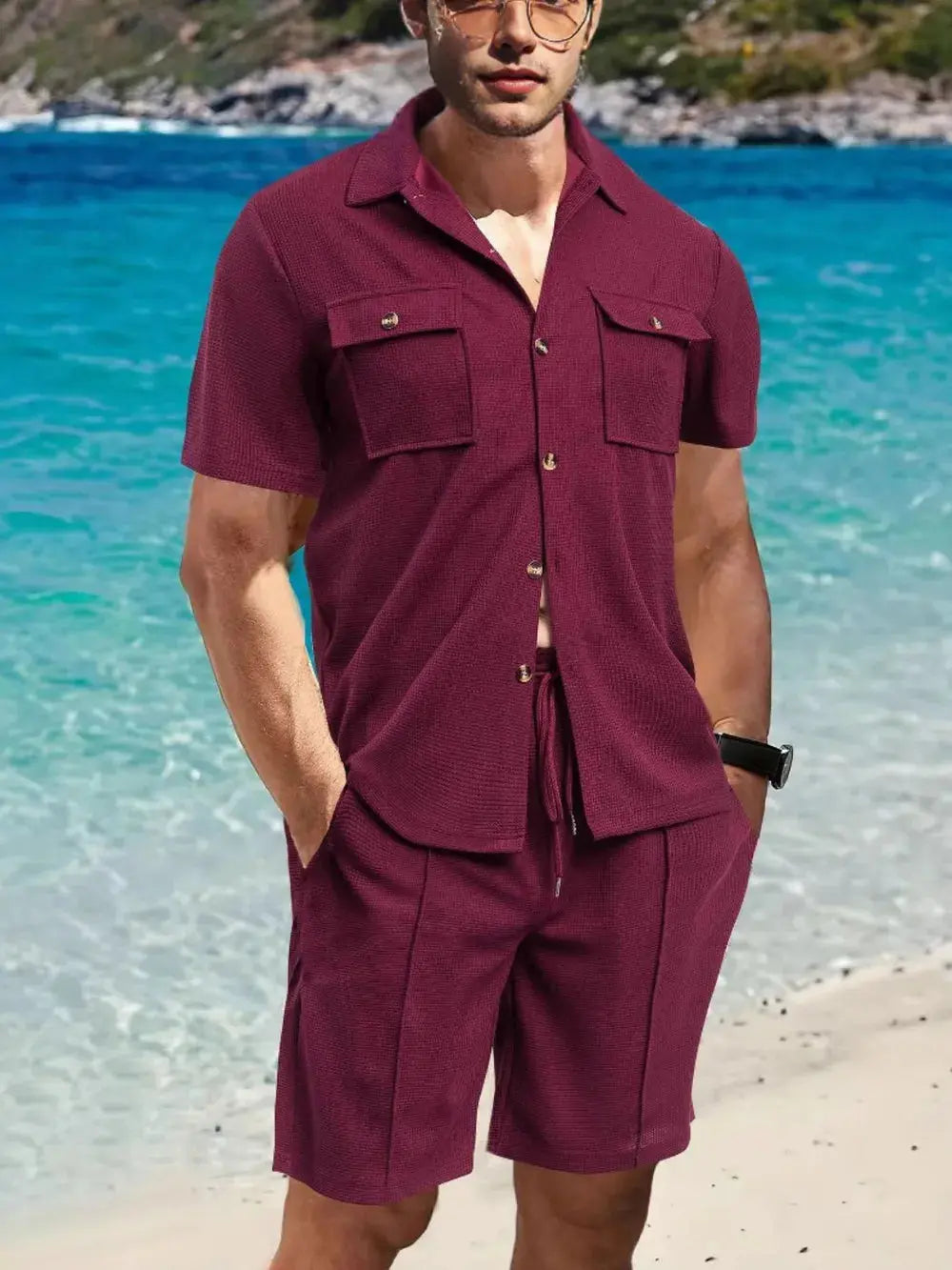 Men's Full Size Button Down Short Sleeve Top and Shorts Set Plus Size.