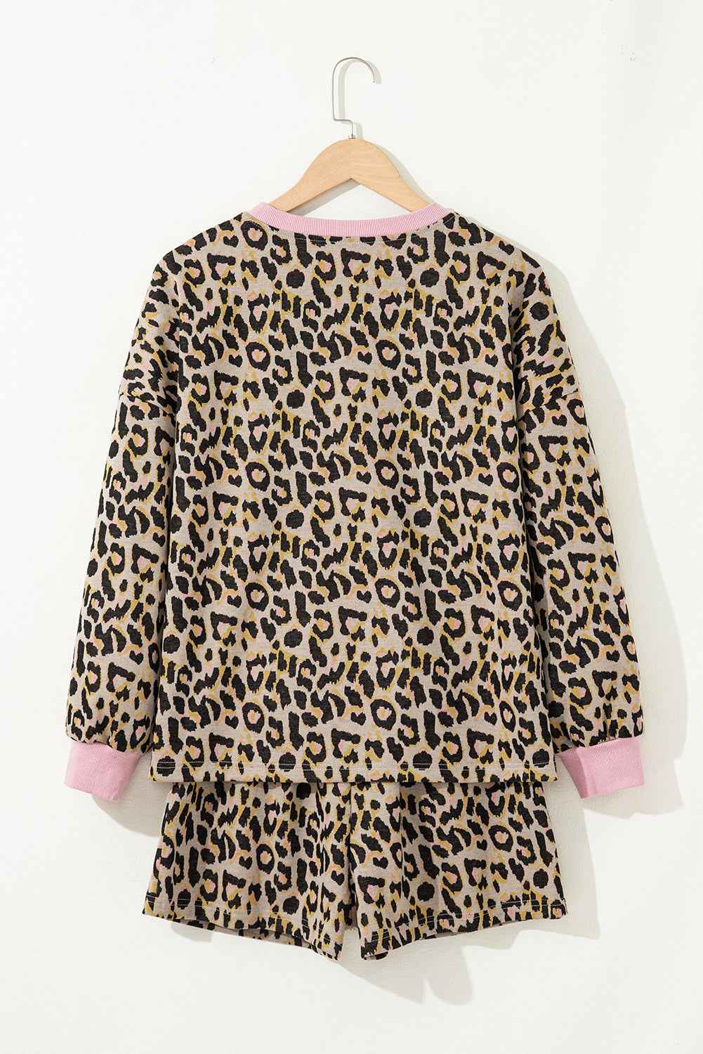 Pink Leopard Print Contrast Edge Long Sleeve Pullover Shorts Set
