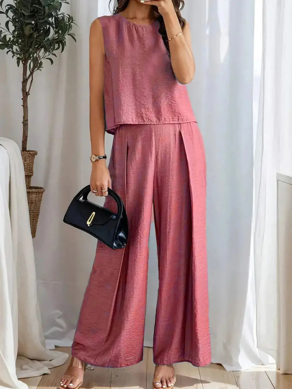 Round Neck Sleeveless Top and Wide Leg Pants Set.