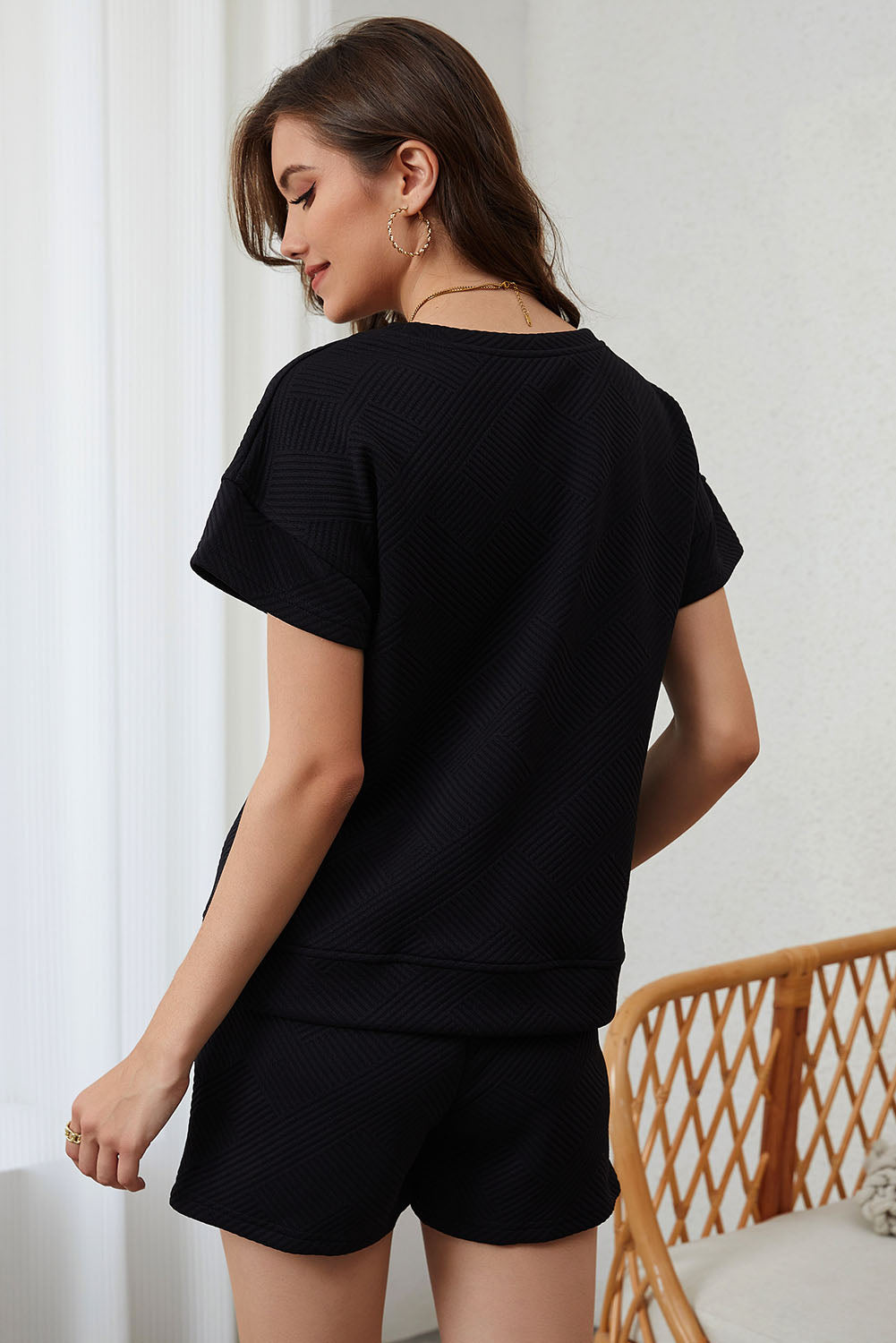 Black 2pcs Solid Textured Drawstring Shorts Set Dear-Lover Dropshipping