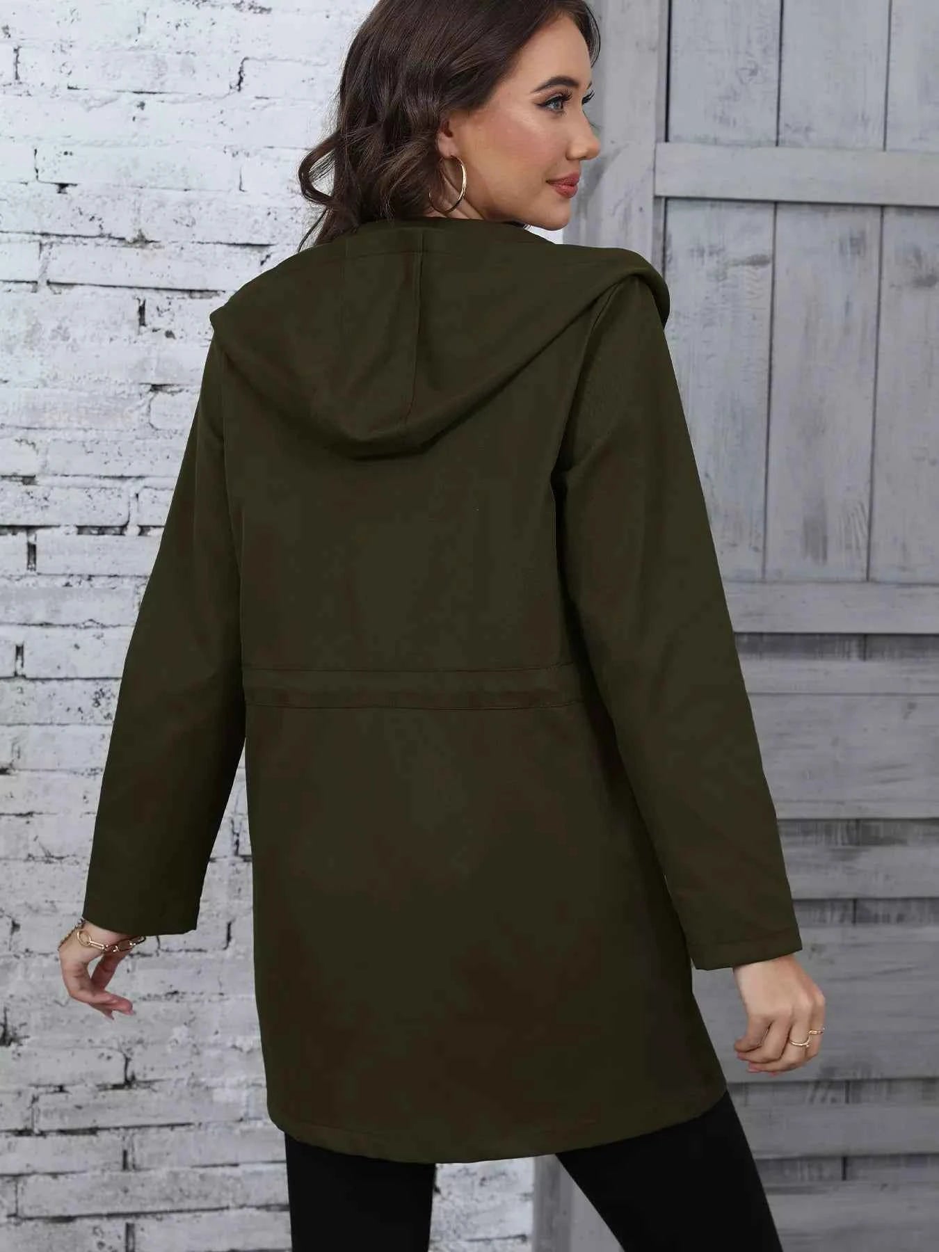 Hooded Drawstring Waist Casual Outerwear