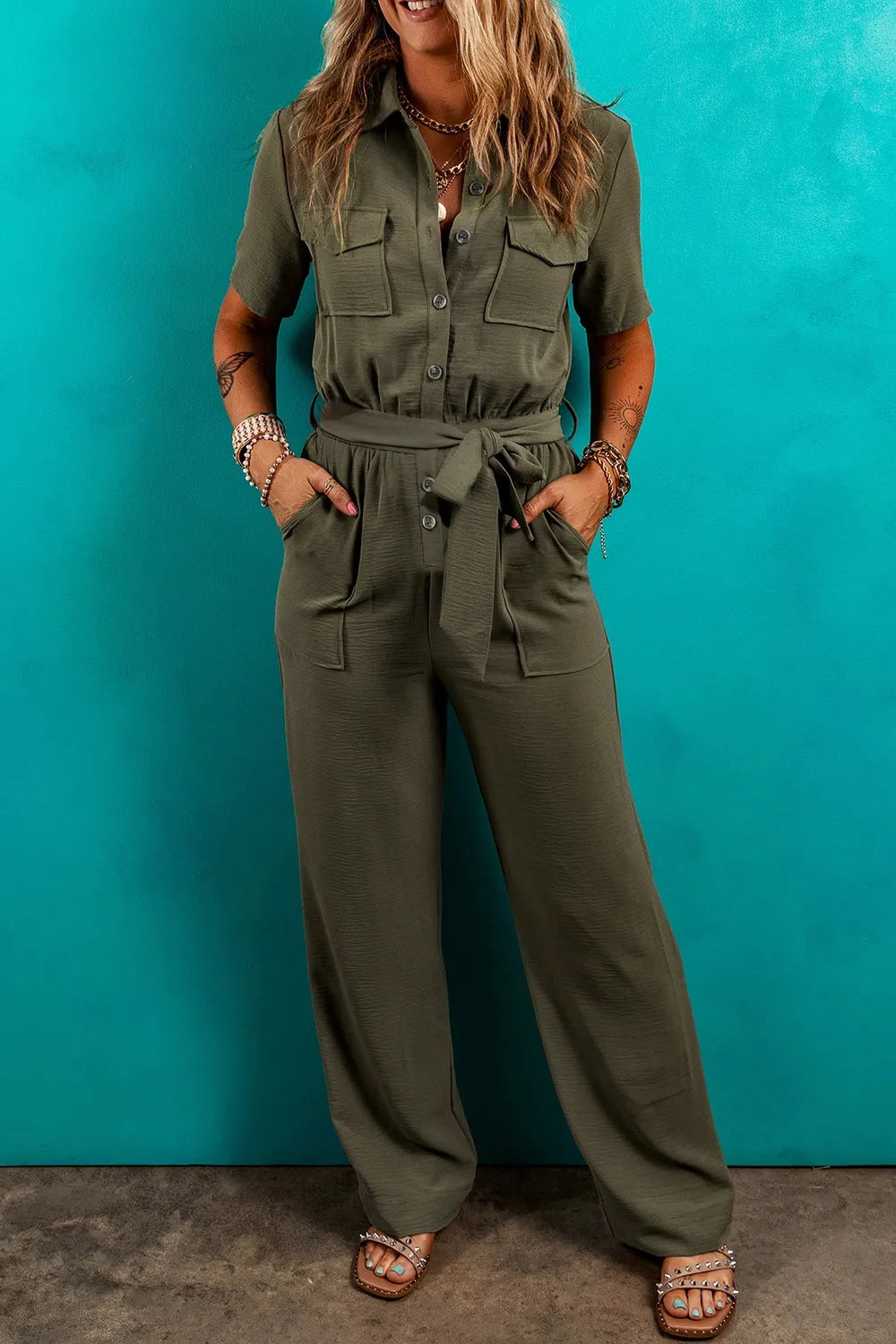 Half Button Belted Utility Short Sleeve Jumpsuit - CHIC TB