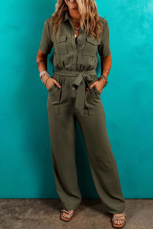 Half Button Belted Utility Short Sleeve Jumpsuit - CHIC TB