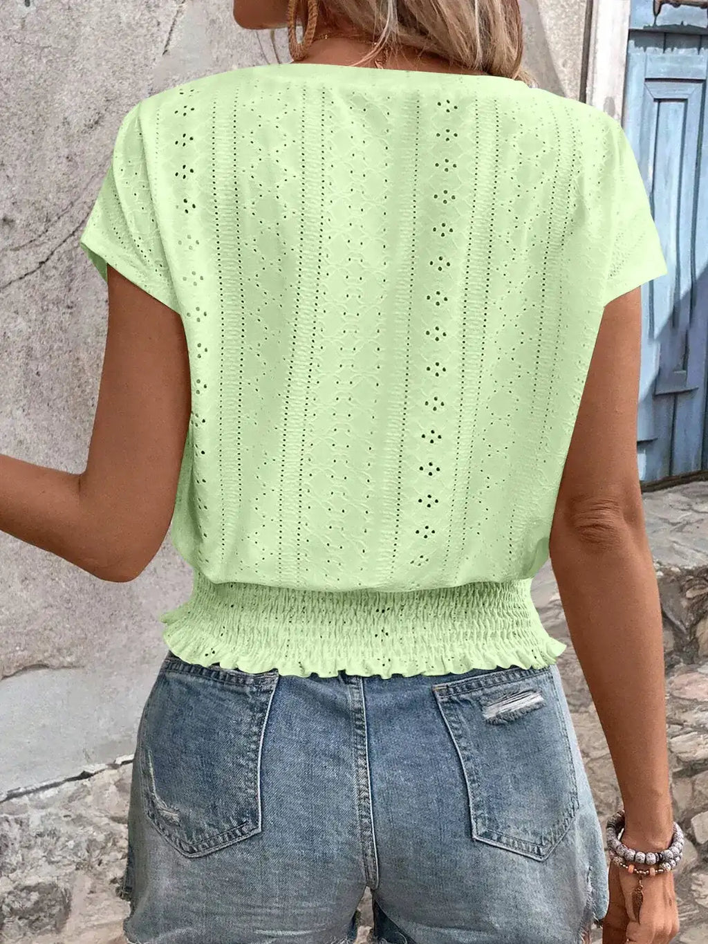 Eyelet V-Neck Short Sleeve Blouse.